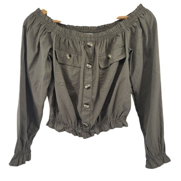 Arizona Jean Co Womens Green Button-Up Off-Shoulder Crop Top Size S - Picture 2 of 10